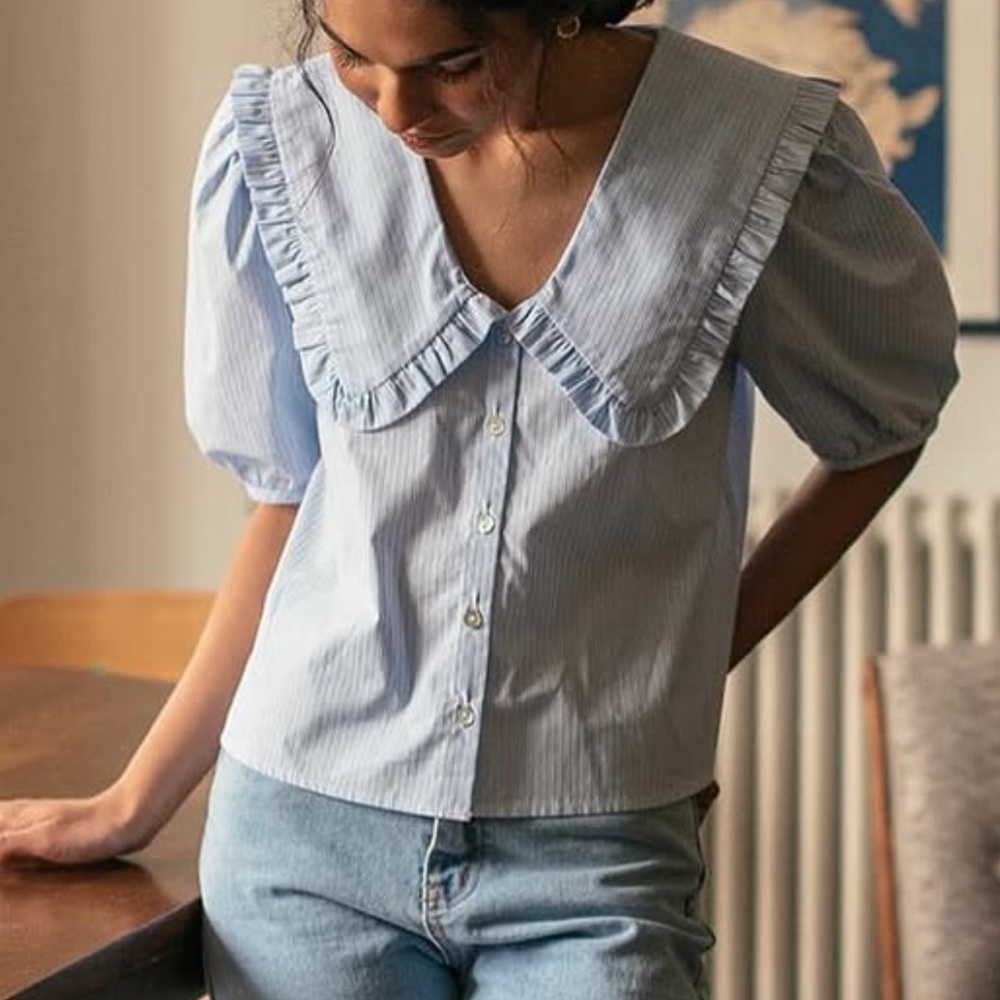 Olive Clothing Striped Ruffle Collar Button-Front Top